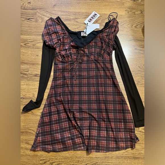 Guess vtg nwt check mesh mini dress mesh sleeve 90s school plaid sheer L - Picture 7 of 16